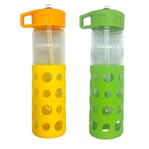 Toughened Glass – Drink Bottle with Silicone Sleeve and straw - 550ml - Green Shop Online