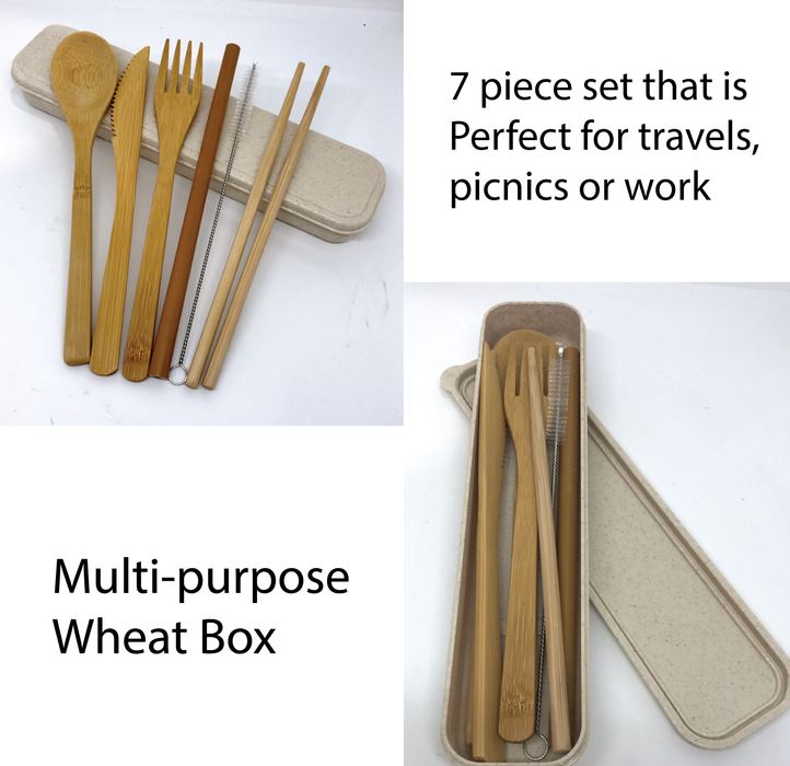 Eco Friendly Bamboo Cutlery 7 Piece Set with New Wheat Box