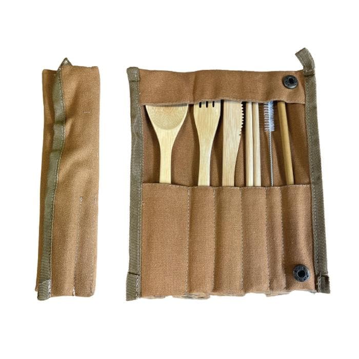 Bamboo Reusable Roll up Cutlery Set 4 Sets - 2 Beige 2 Bronze - Green Shop Online