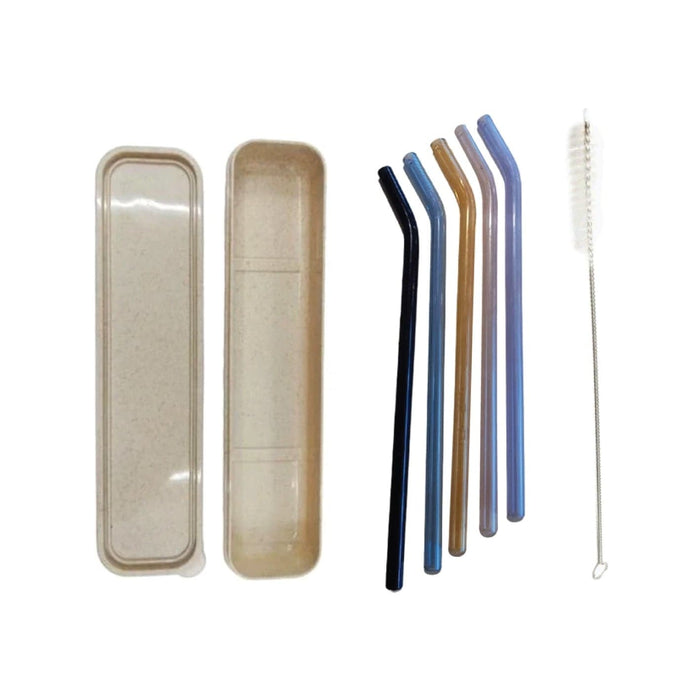 Glass Bent Straws with Wheat Box- 7 pack