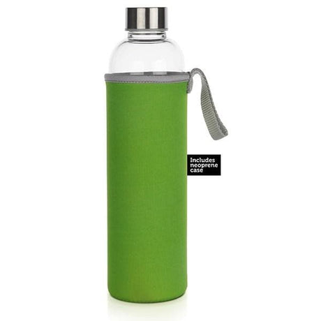1 Litre Glass Bottle with Stainless Steel Lid, Neoprene Pouch - Joy Peace Love - Green Shop Online